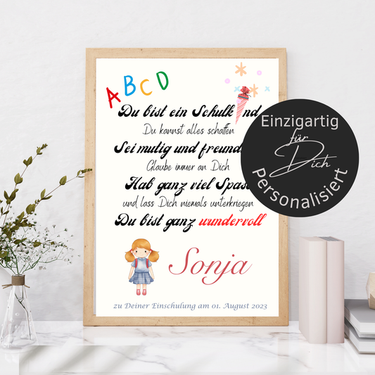 Personalisiertes ABC Poster für Mädchen zur Einschulung – Urkunde erster Schultag mit Name & Datum. Digitaler Download im DIN A4 Format. Perfekt als Last-Minute-Geschenk zum Ausdrucken & Einrahmen.