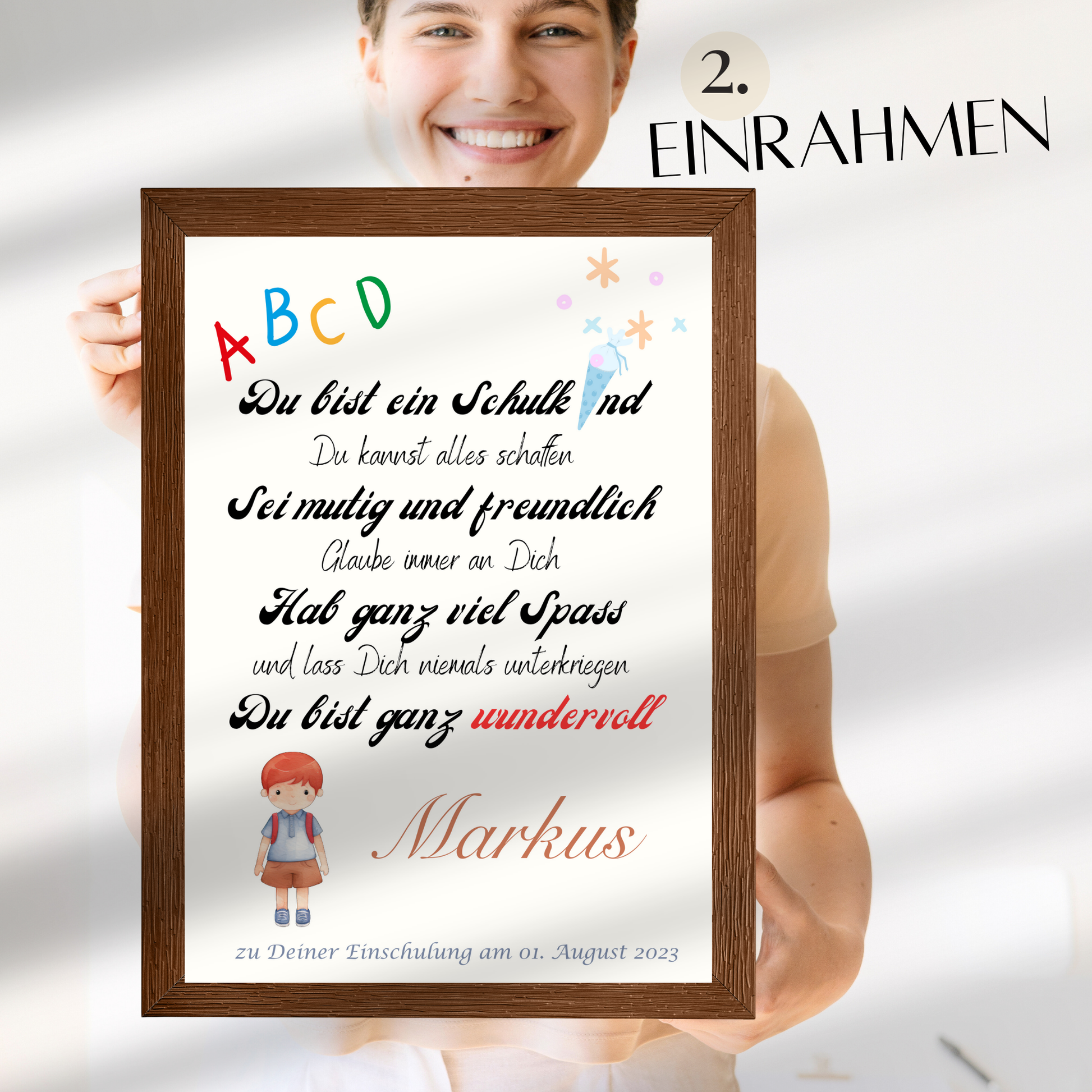 Personalisierte ABC-Urkunde zur Einschulung für Jungen – mit Name & Datum. Digitaler Download als Last-Minute-Geschenk. Einfach ausdrucken & einrahmen.