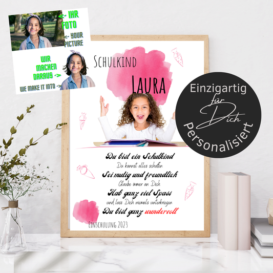 Personalisierte Einschulungs-Urkunde für Mädchen mit Wunschfoto. Digitaler Download, schnell lieferbar, perfekt als Last-Minute-Geschenk.