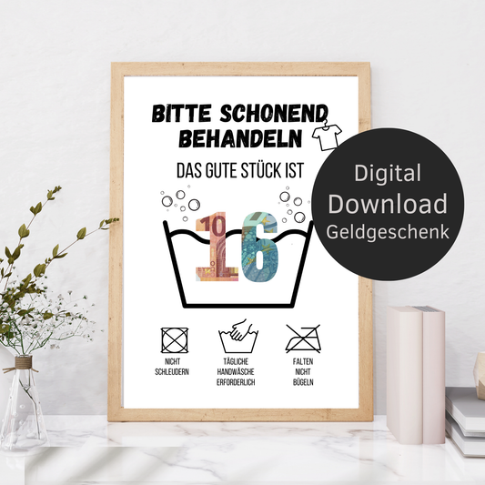Originelles Geldgeschenk zum 16. Geburtstag: Digitaler Download zum Ausdrucken, humorvolle Waschanleitung, Last-Minute-Geschenkidee mit Geldscheinen.