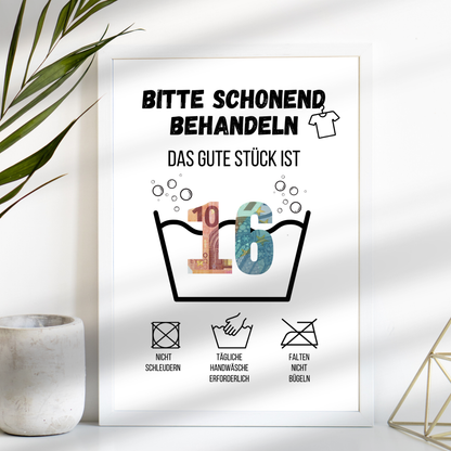 Originelles Geldgeschenk zum 16. Geburtstag: Digitaler Download zum Ausdrucken, humorvolle Waschanleitung, Last-Minute-Geschenkidee mit Geldscheinen.