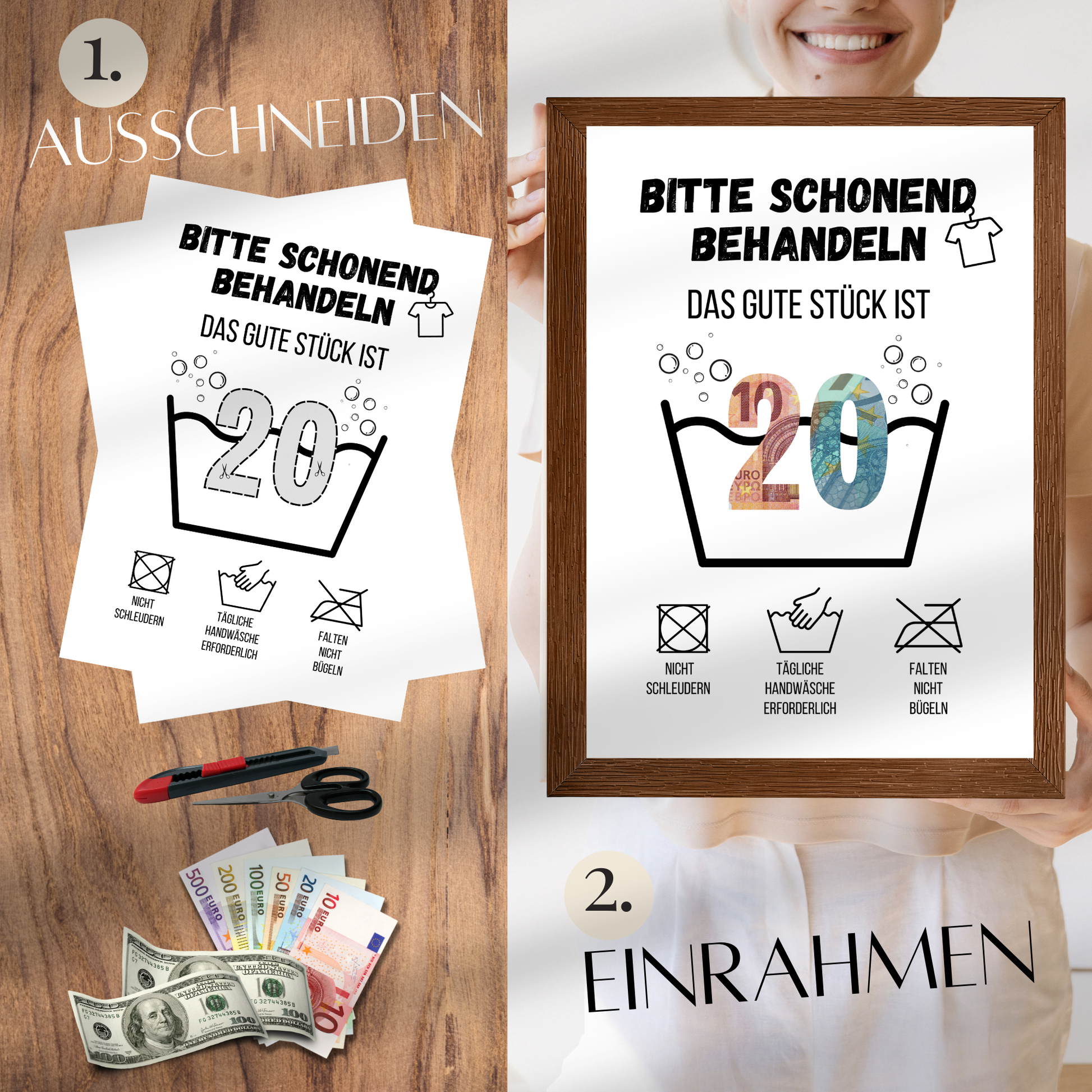 Originelles Geldgeschenk zum 20. Geburtstag als Digital Download. Sofort ausdrucken, Geldscheine einfügen und kreativ verschenken – Last-Minute Geschenkidee!