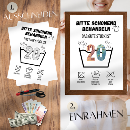 Originelles Geldgeschenk zum 20. Geburtstag als Digital Download. Sofort ausdrucken, Geldscheine einfügen und kreativ verschenken – Last-Minute Geschenkidee!