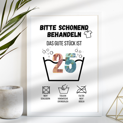 Kreatives Geldgeschenk zum 25. Geburtstag: Digitale Waschanleitung zum Ausdrucken. Humorvolles Last-Minute-Geschenk zum Selbermachen. PDF-Download, sofort verfügbar!