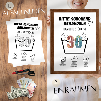 Originelles Geldgeschenk 30. Geburtstag als PDF-Vorlage zum Ausdrucken. Digitaler Download, sofort verfügbar. Last-Minute-Geschenkidee mit Humor!