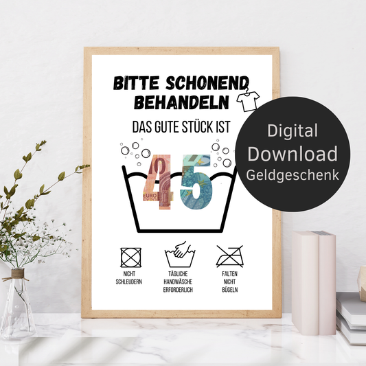 Kreatives Geldgeschenk zum 45. Geburtstag: Digitaler Download im Waschanleitungs-Design. Einfach ausdrucken, ausschneiden & Geldscheine originell präsentieren. Last Minute Geschenkidee!