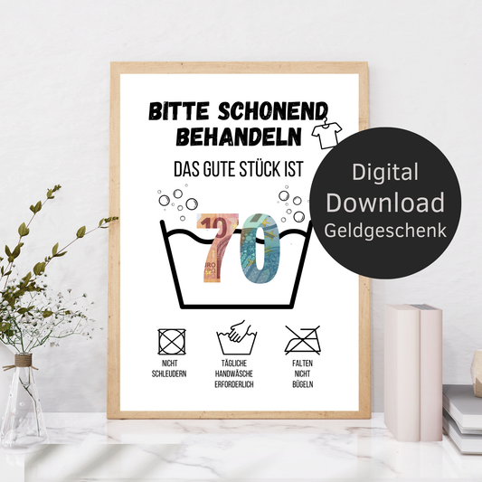 Originelles Geldgeschenk zum 70. Geburtstag: Digitaler Download im „Waschanleitung“-Design. Einfach ausdrucken, rahmen & Geldscheine hinterlegen. Last-Minute Geschenkidee!