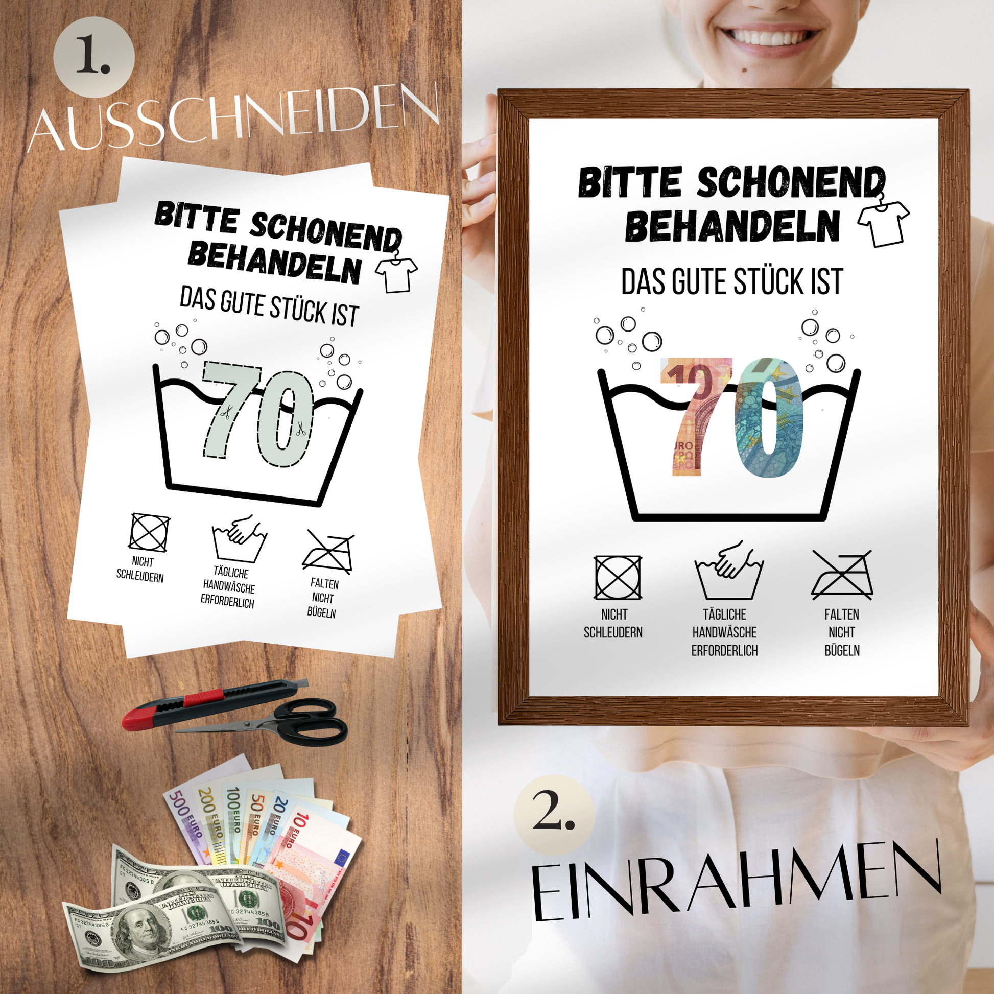 Originelles Geldgeschenk zum 70. Geburtstag: Digitaler Download im „Waschanleitung“-Design. Einfach ausdrucken, rahmen & Geldscheine hinterlegen. Last-Minute Geschenkidee!