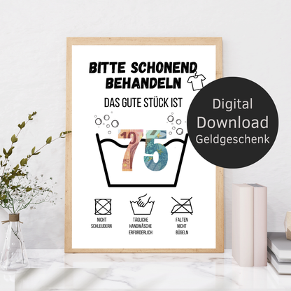 Originelles Geldgeschenk zum 75. Geburtstag: PDF-Vorlage „Waschanleitung“ zum Ausdrucken. Humorvolles Last-Minute-Geschenk zum Einrahmen & Geldscheine kreativ verschenken. Sofort-Download!