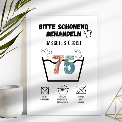 Originelles Geldgeschenk zum 75. Geburtstag: PDF-Vorlage „Waschanleitung“ zum Ausdrucken. Humorvolles Last-Minute-Geschenk zum Einrahmen & Geldscheine kreativ verschenken. Sofort-Download!