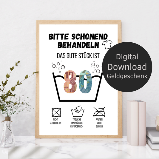 Originelles Geldgeschenk zum 80. Geburtstag: DIY "Waschanleitung" Vorlage zum Ausdrucken. Digitaler Download, Last-Minute Geschenkidee!