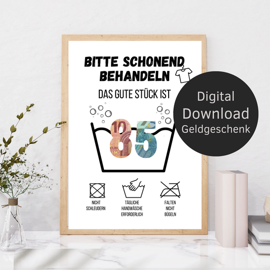 Originelles Geldgeschenk zum 85. Geburtstag! Digitaler Download im „Waschanleitung“-Design. Sofort ausdrucken & verschenken. Last-Minute Geschenkidee!