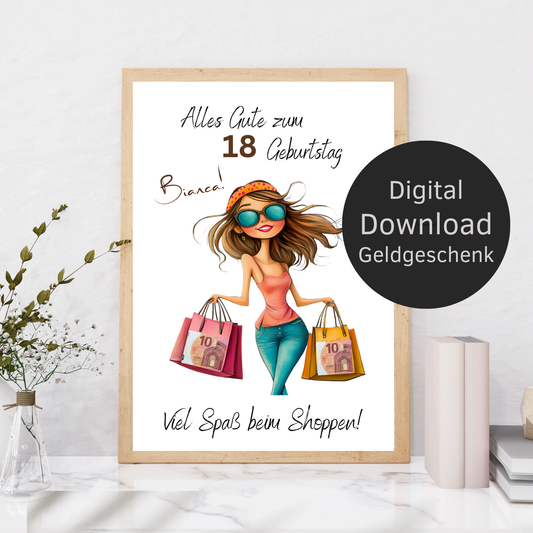 Personalisierbares Geldgeschenk „Shopping Geld“ zum Geburtstag – digitaler Download im DIN-A4-Format. Einfach ausdrucken, ausschneiden, einrahmen. Perfekt als Last-Minute-Geschenkidee.