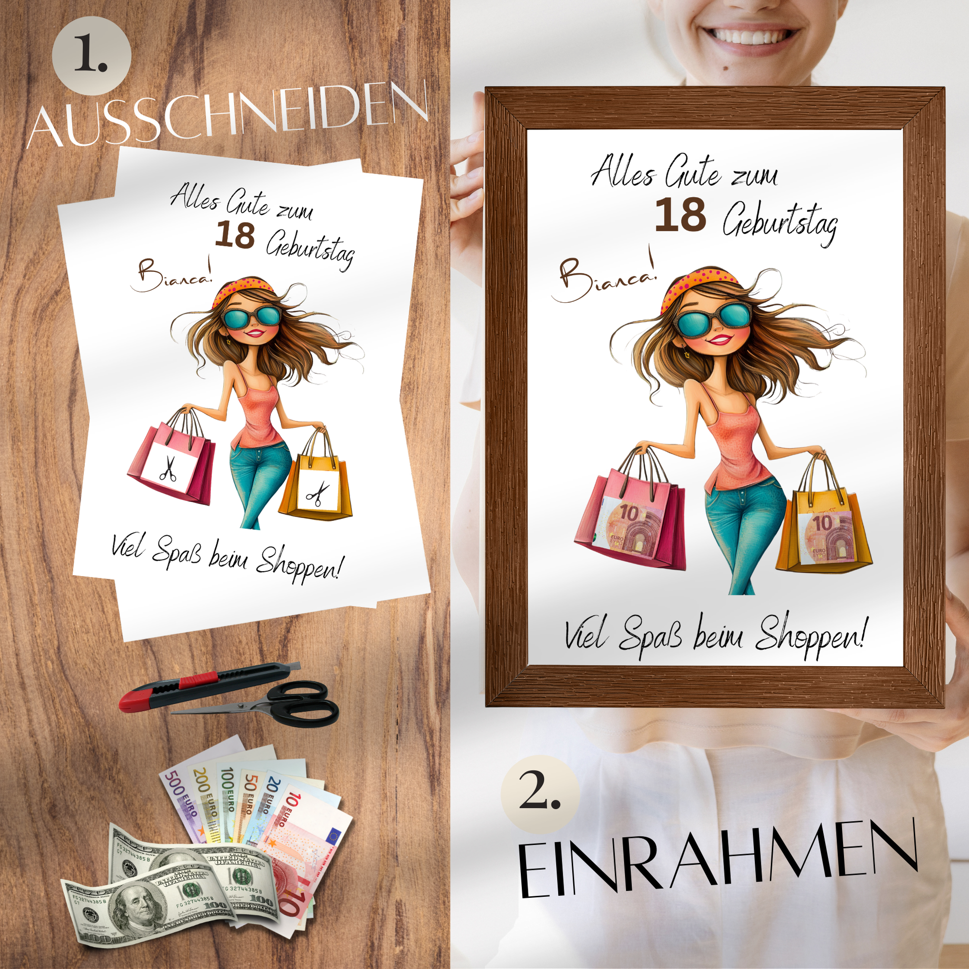 Personalisierbares Geldgeschenk „Shopping Geld“ zum Geburtstag – digitaler Download im DIN-A4-Format. Einfach ausdrucken, ausschneiden, einrahmen. Perfekt als Last-Minute-Geschenkidee.
