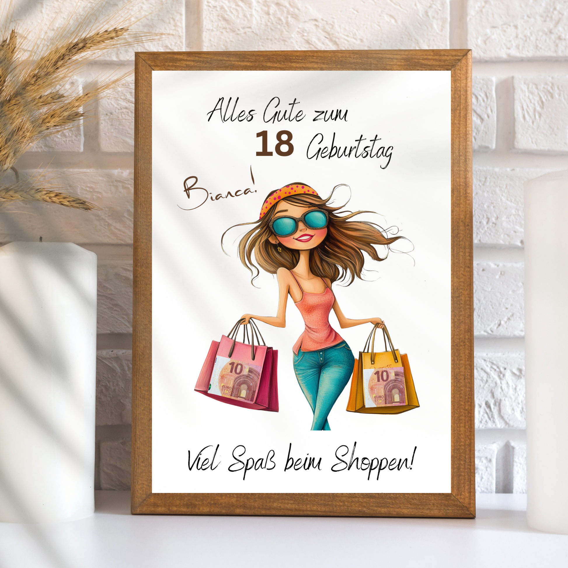 Personalisierbares Geldgeschenk „Shopping Geld“ zum Geburtstag – digitaler Download im DIN-A4-Format. Einfach ausdrucken, ausschneiden, einrahmen. Perfekt als Last-Minute-Geschenkidee.