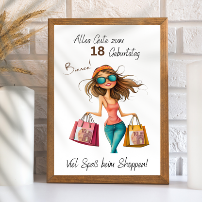 Personalisierbares Geldgeschenk „Shopping Geld“ zum Geburtstag – digitaler Download im DIN-A4-Format. Einfach ausdrucken, ausschneiden, einrahmen. Perfekt als Last-Minute-Geschenkidee.
