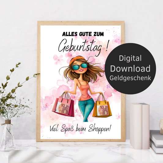 Originelles Geldgeschenk zum Geburtstag: Digitaler Download „Geld zum Shoppen“. Einfach ausdrucken, Geldscheine einfügen & einrahmen – sofort verfügbar!