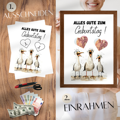 Maritimes Geldgeschenk zum Geburtstag mit lustigen Möwen. Digitaler Download zum Ausdrucken & Einrahmen. Perfekte Last-Minute-Geschenkidee!