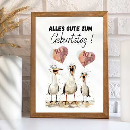 Maritimes Geldgeschenk zum Geburtstag mit lustigen Möwen. Digitaler Download zum Ausdrucken & Einrahmen. Perfekte Last-Minute-Geschenkidee!