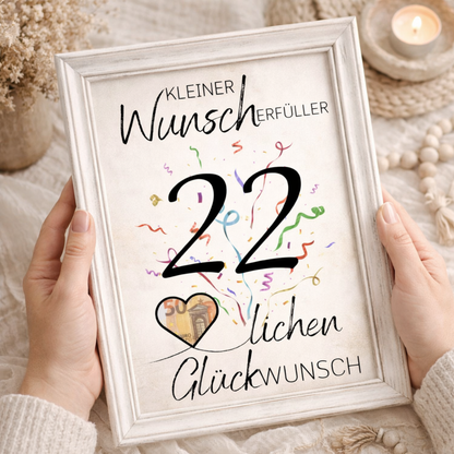 Geldgeschenk 22. Geburtstag Wunscherfüller | Digitaler Download | Last Minute Geschenkidee zum Ausdrucken