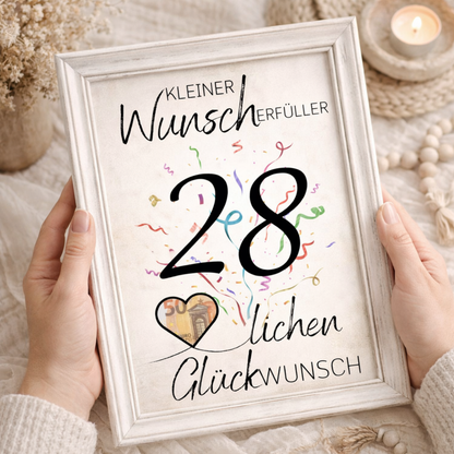 Geldgeschenk 28. Geburtstag Wunscherfüller | Digitaler Download | Last Minute Geschenkidee zum Ausdrucken