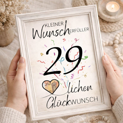 Geldgeschenk 29. Geburtstag Wunscherfüller | Digitaler Download | Last Minute Geschenkidee zum Ausdrucken