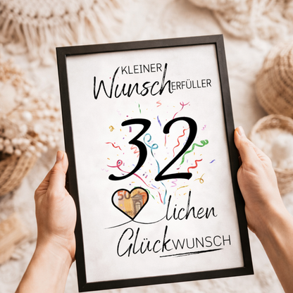 Geldgeschenk 32. Geburtstag Wunscherfüller | Digitaler Download | Last Minute Geschenkidee zum Ausdrucken