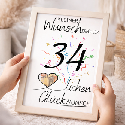 Geldgeschenk 34. Geburtstag Wunscherfüller | Digitaler Download | Last Minute Geschenkidee zum Ausdrucken