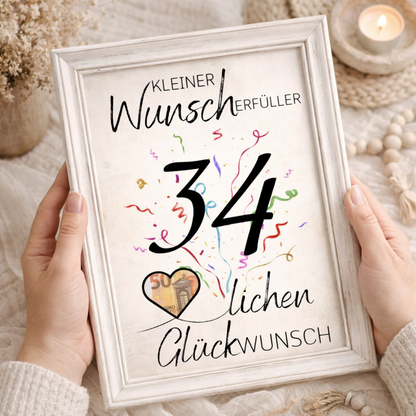 Geldgeschenk 34. Geburtstag Wunscherfüller | Digitaler Download | Last Minute Geschenkidee zum Ausdrucken
