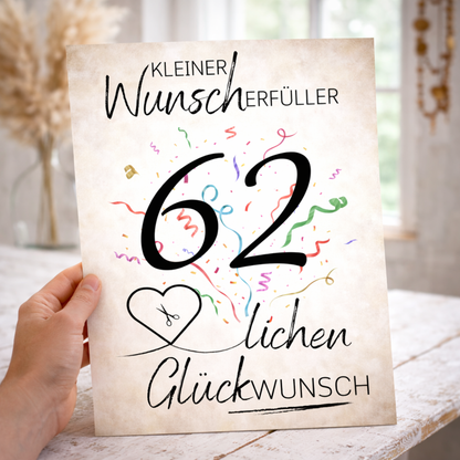 Geldgeschenk 62. Geburtstag Wunscherfüller | Digitaler Download | Last Minute Geschenkidee zum Ausdrucken