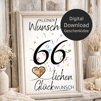 Digitaler Download Geldgeschenk Wunscherfüller zum 66. Geburtstag als kreatives DIY Geschenk mit großer 66 und Herz für Geldschein