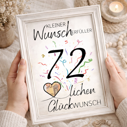 Geldgeschenk 72. Geburtstag Wunscherfüller | Digitaler Download | Last Minute Geschenkidee zum Ausdrucken