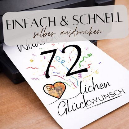 Geldgeschenk 72. Geburtstag Wunscherfüller | Digitaler Download | Last Minute Geschenkidee zum Ausdrucken