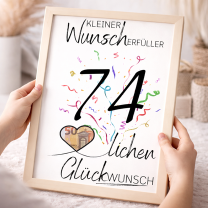 Geldgeschenk 74. Geburtstag Wunscherfüller | Digitaler Download | Last Minute Geschenkidee zum Ausdrucken