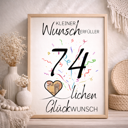 Geldgeschenk 74. Geburtstag Wunscherfüller | Digitaler Download | Last Minute Geschenkidee zum Ausdrucken