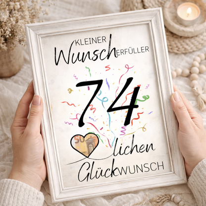 Geldgeschenk 74. Geburtstag Wunscherfüller | Digitaler Download | Last Minute Geschenkidee zum Ausdrucken