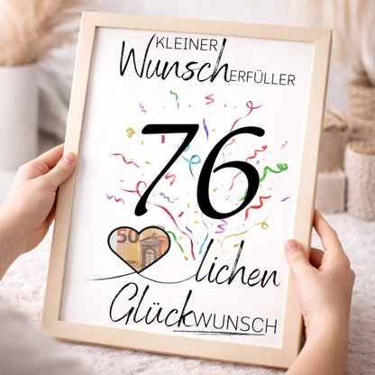 Geldgeschenk 76. Geburtstag Wunscherfüller | Digitaler Download | Last Minute Geschenkidee zum Ausdrucken