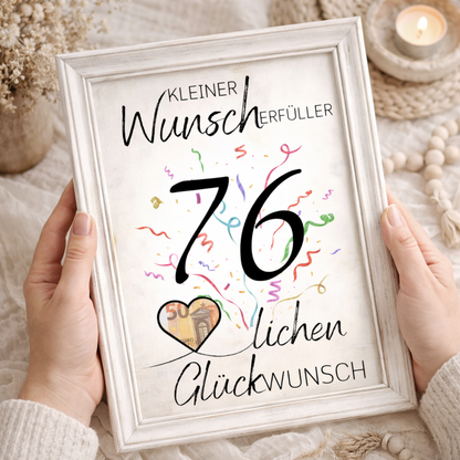 Geldgeschenk 76. Geburtstag Wunscherfüller | Digitaler Download | Last Minute Geschenkidee zum Ausdrucken