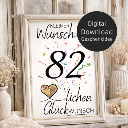 Digitaler Download Geldgeschenk Wunscherfüller zum 82. Geburtstag als kreatives Geburtstagsgeschenk DIY mit großer 82 und Herz für Geldschein