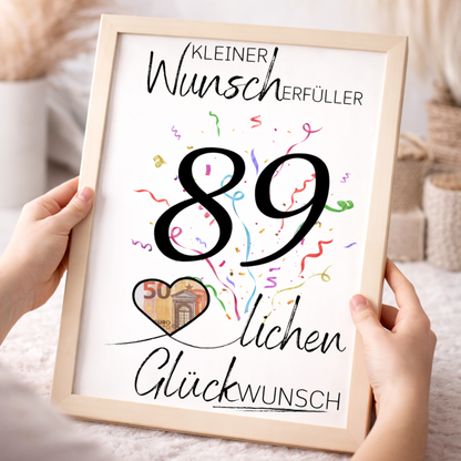 Geldgeschenk 89. Geburtstag Wunscherfüller | Digitaler Download | Last Minute Geschenkidee zum Ausdrucken