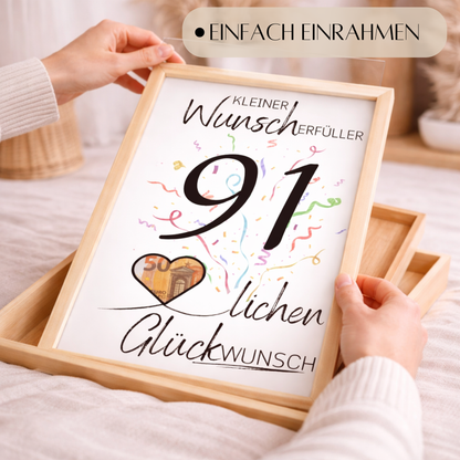 Geldgeschenk 91. Geburtstag Wunscherfüller | Digitaler Download | Last Minute Geschenkidee zum Ausdrucken