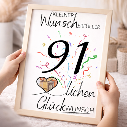 Geldgeschenk 91. Geburtstag Wunscherfüller | Digitaler Download | Last Minute Geschenkidee zum Ausdrucken