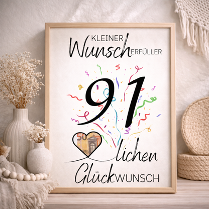 Geldgeschenk 91. Geburtstag Wunscherfüller | Digitaler Download | Last Minute Geschenkidee zum Ausdrucken