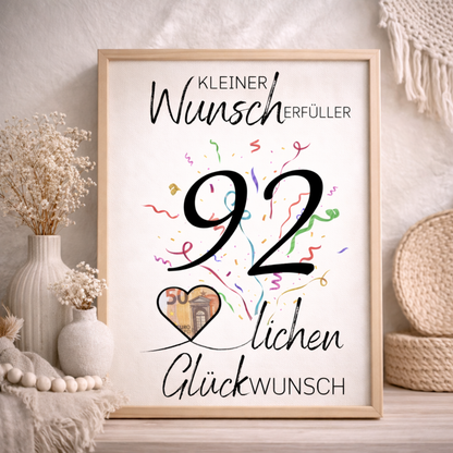 Geldgeschenk 92. Geburtstag Wunscherfüller | Digitaler Download | Last Minute Geschenkidee zum Ausdrucken