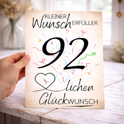 Geldgeschenk 92. Geburtstag Wunscherfüller | Digitaler Download | Last Minute Geschenkidee zum Ausdrucken