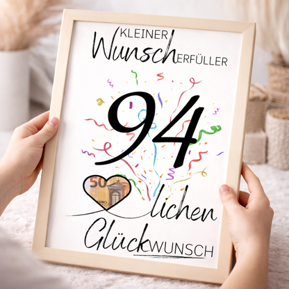 Geldgeschenk 94. Geburtstag Wunscherfüller | Digitaler Download | Last Minute Geschenkidee zum Ausdrucken