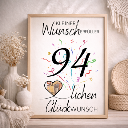 Geldgeschenk 94. Geburtstag Wunscherfüller | Digitaler Download | Last Minute Geschenkidee zum Ausdrucken