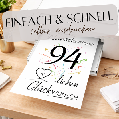 Geldgeschenk 94. Geburtstag Wunscherfüller | Digitaler Download | Last Minute Geschenkidee zum Ausdrucken