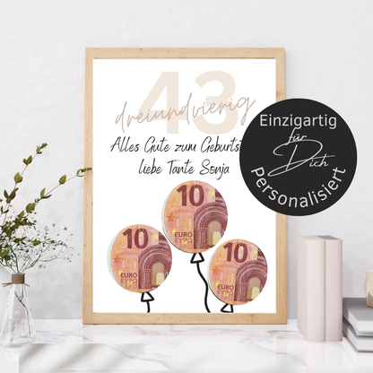 Personalisierbares Geldgeschenk zum Geburtstag mit Name & Alter. Digitaler Download zum Ausdrucken – kreatives Last-Minute-Geschenk für jeden Anlass.