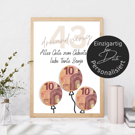 Personalisierbares Geldgeschenk zum Geburtstag mit Name & Alter. Digitaler Download zum Ausdrucken – kreatives Last-Minute-Geschenk für jeden Anlass.